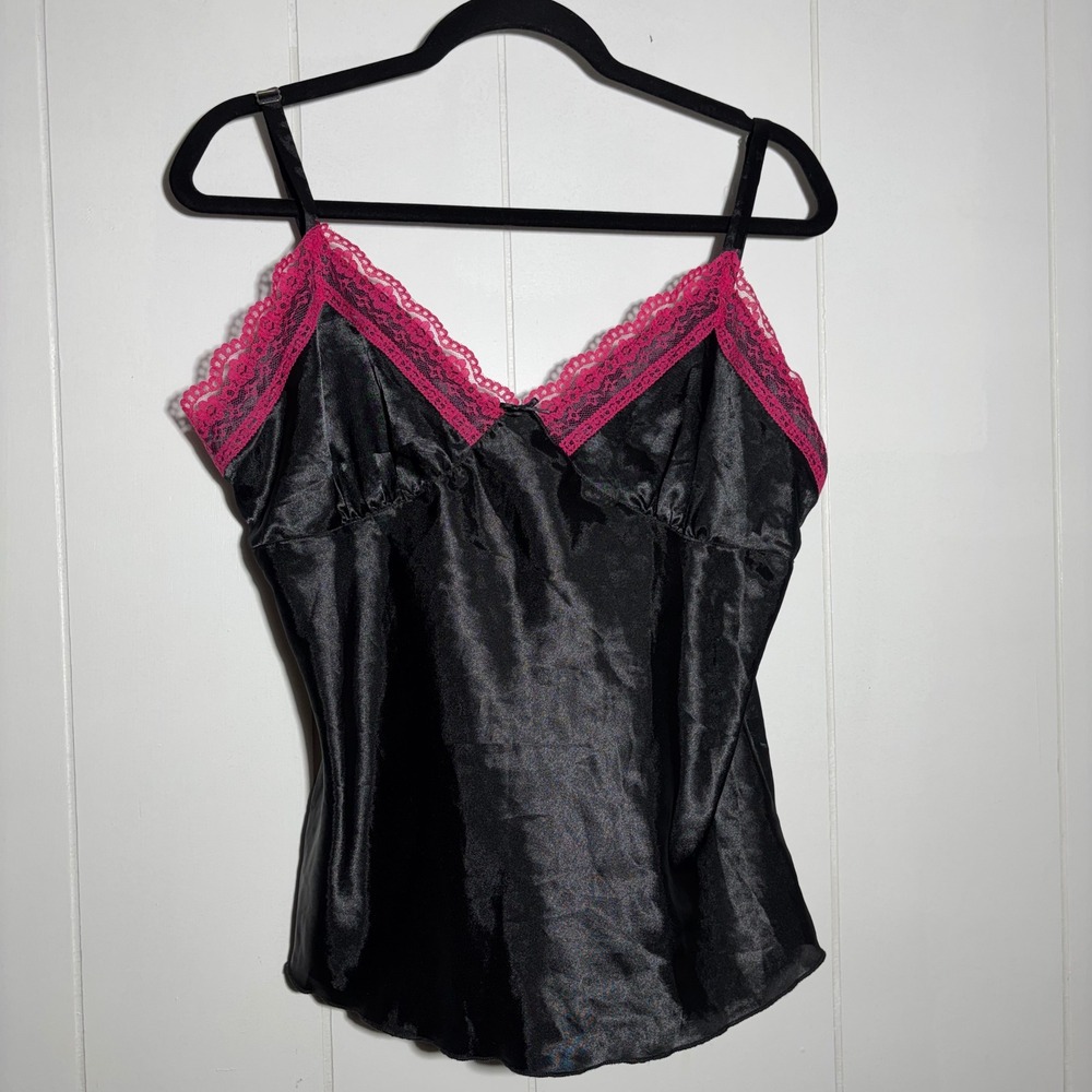Whimsigoth Witchy Coquette Black Hot Pink Satin Cami Lace Trim XL Grunge Indie